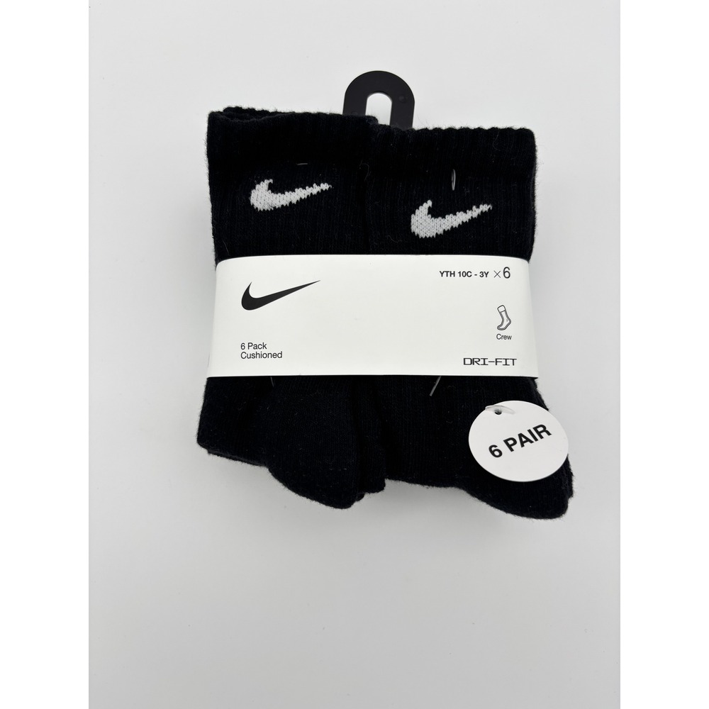 Nike Youth 6 Pack Everyday Cushioned Crew Socks Black Dri-FIT 10C-3Y UN0019-023